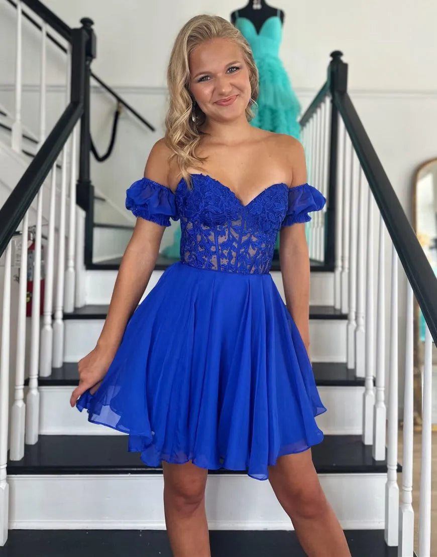 Pretty Homecoming Dress A Line Lace Off the Shoulder with Delicate AppliquesShort Party Cocktail Dress