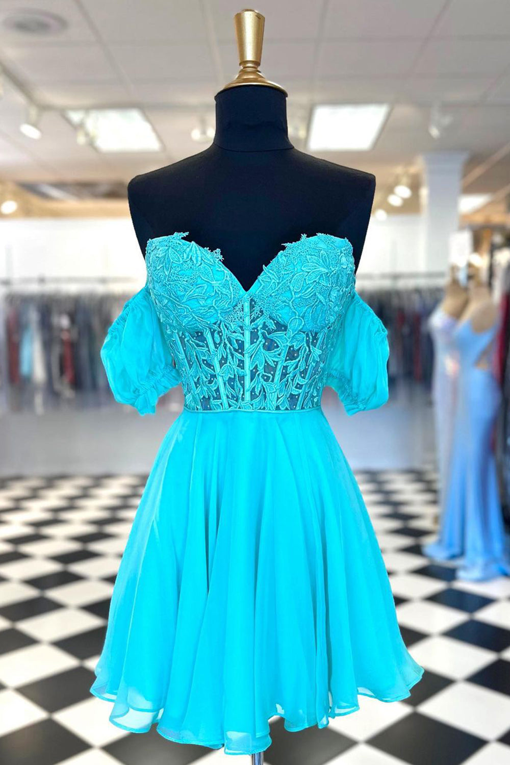 Pretty Homecoming Dress A Line Lace Off the Shoulder with Delicate AppliquesShort Party Cocktail Dress
