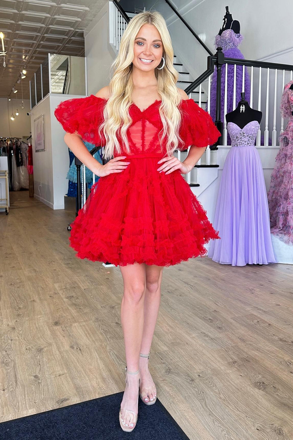 Pretty Homecoming Dress A Line Off the Shoulder Tulle Short Party Cocktail Dress