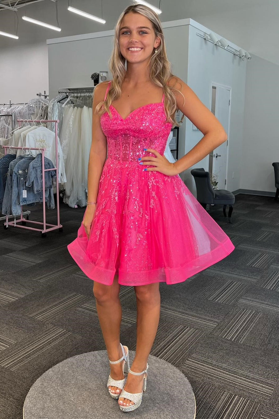 Pretty Homecoming Dress A Line Shoulder straps Sequin Tulle Short Party Cocktail Dress