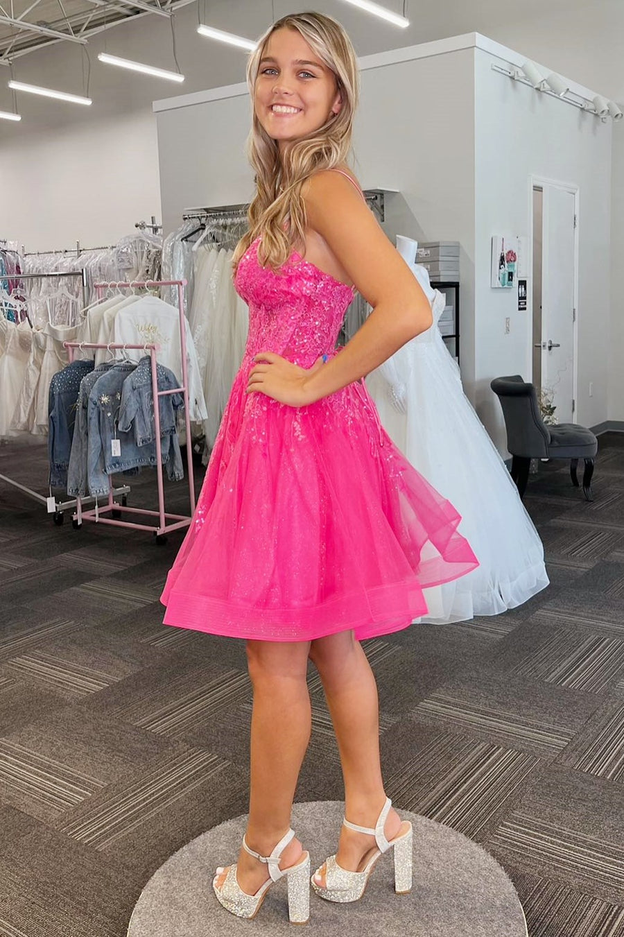 Pretty Homecoming Dress A Line Shoulder straps Sequin Tulle Short Party Cocktail Dress