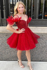 Pretty Homecoming Dress A Line Sparkling Tulle Corset with Chic Feather StylesShort Party Cocktail Dress