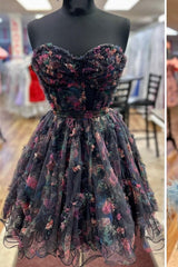 Pretty Homecoming Dress A Line Strapless Floral Short Party Cocktail Dress