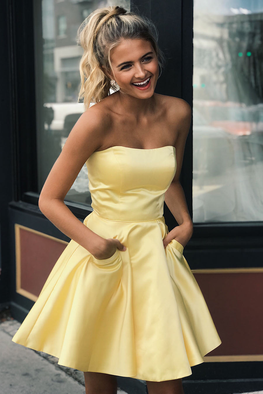 Pretty Homecoming Dress A Line Strapless Satin with Pockets Short Party Cocktail Dress
