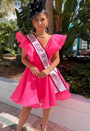 Pretty Homecoming Dress A LineV neck Organza ruffle edge Short Party Cocktail Dress