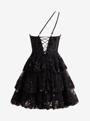 Pretty Homecoming Dress Black A Line one shoulder Style Navy Tiered Lace Short Party Cocktail Dress