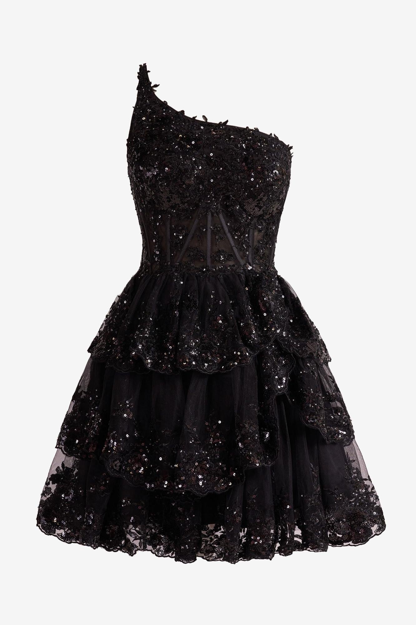 Pretty Homecoming Dress Black A Line one shoulder Style Navy Tiered Lace Short Party Cocktail Dress