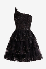 Pretty Homecoming Dress Black A Line one shoulder Style Navy Tiered Lace Short Party Cocktail Dress