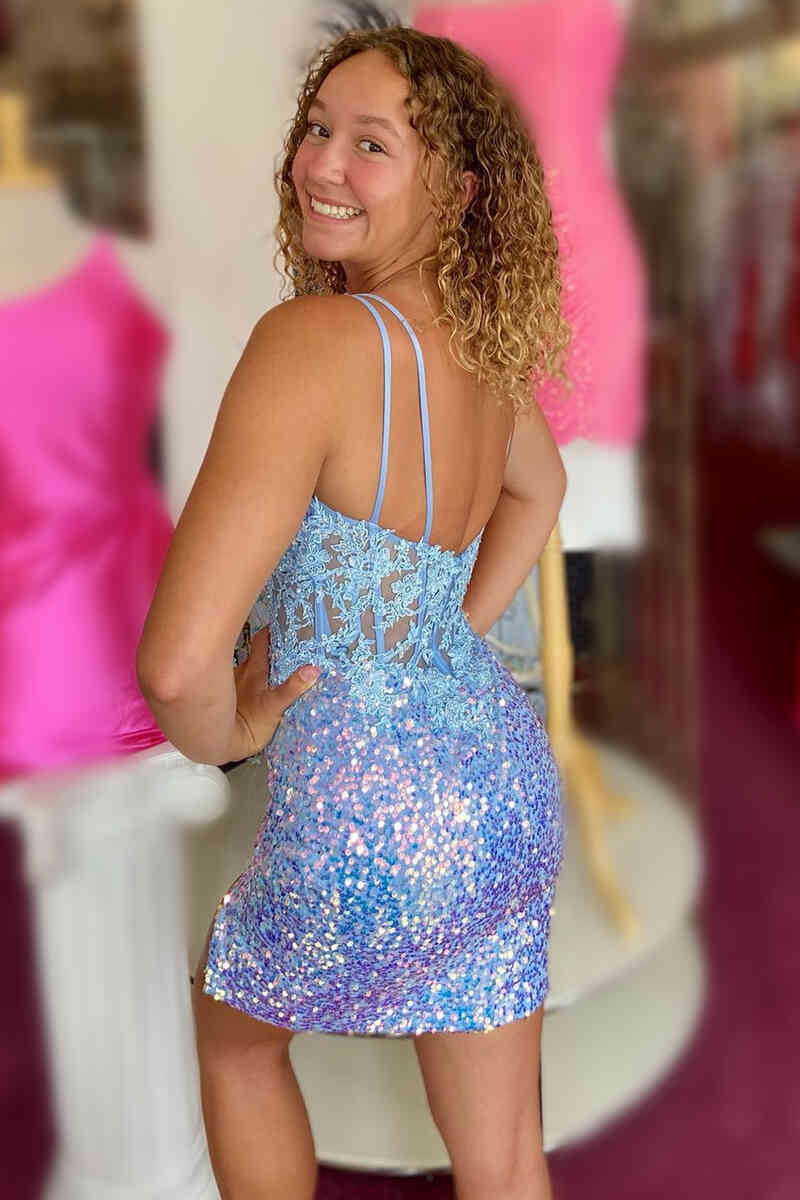 Pretty Homecoming Dress Bodycon Blue Sequin Lace Short Party Cocktail Dress