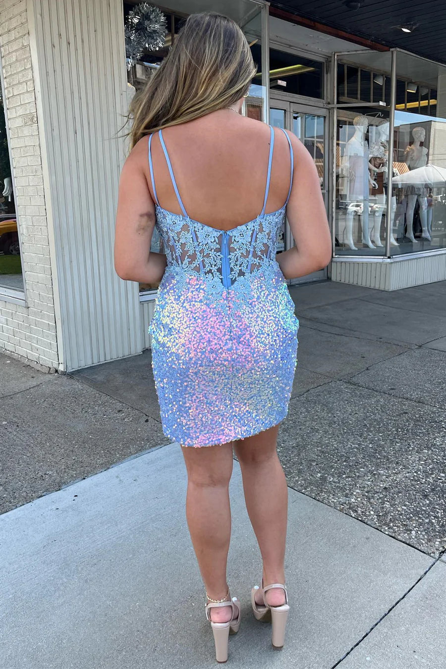 Pretty Homecoming Dress Bodycon Blue Sequin Lace Short Party Cocktail Dress