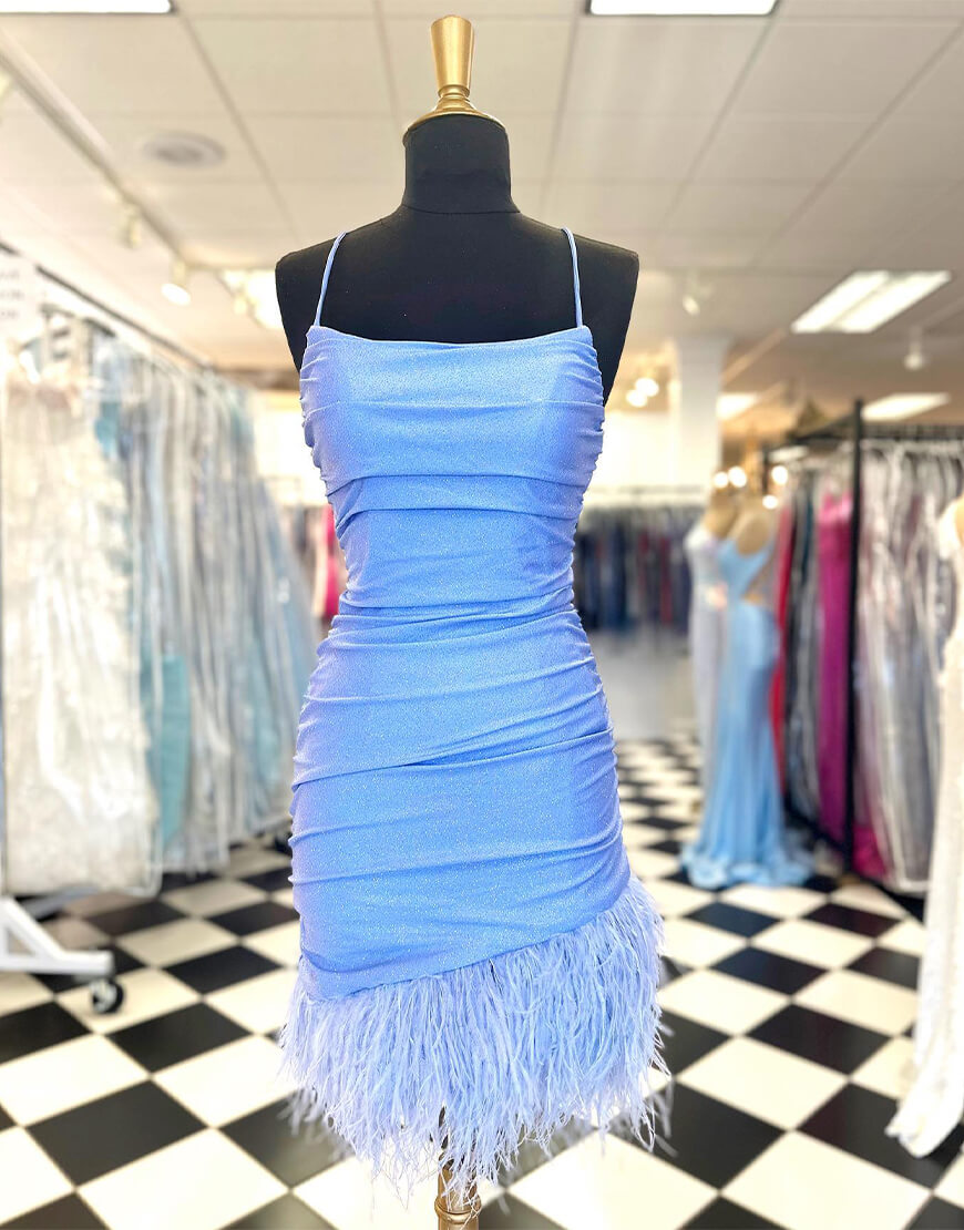 Pretty Homecoming Dress Bodycon Blue with Chic Feather Short Party Cocktail Dress