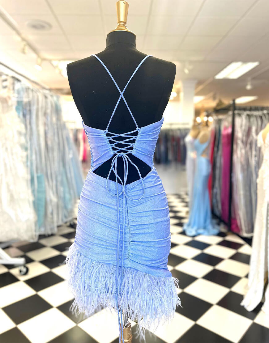 Pretty Homecoming Dress Bodycon Blue with Chic Feather Short Party Cocktail Dress