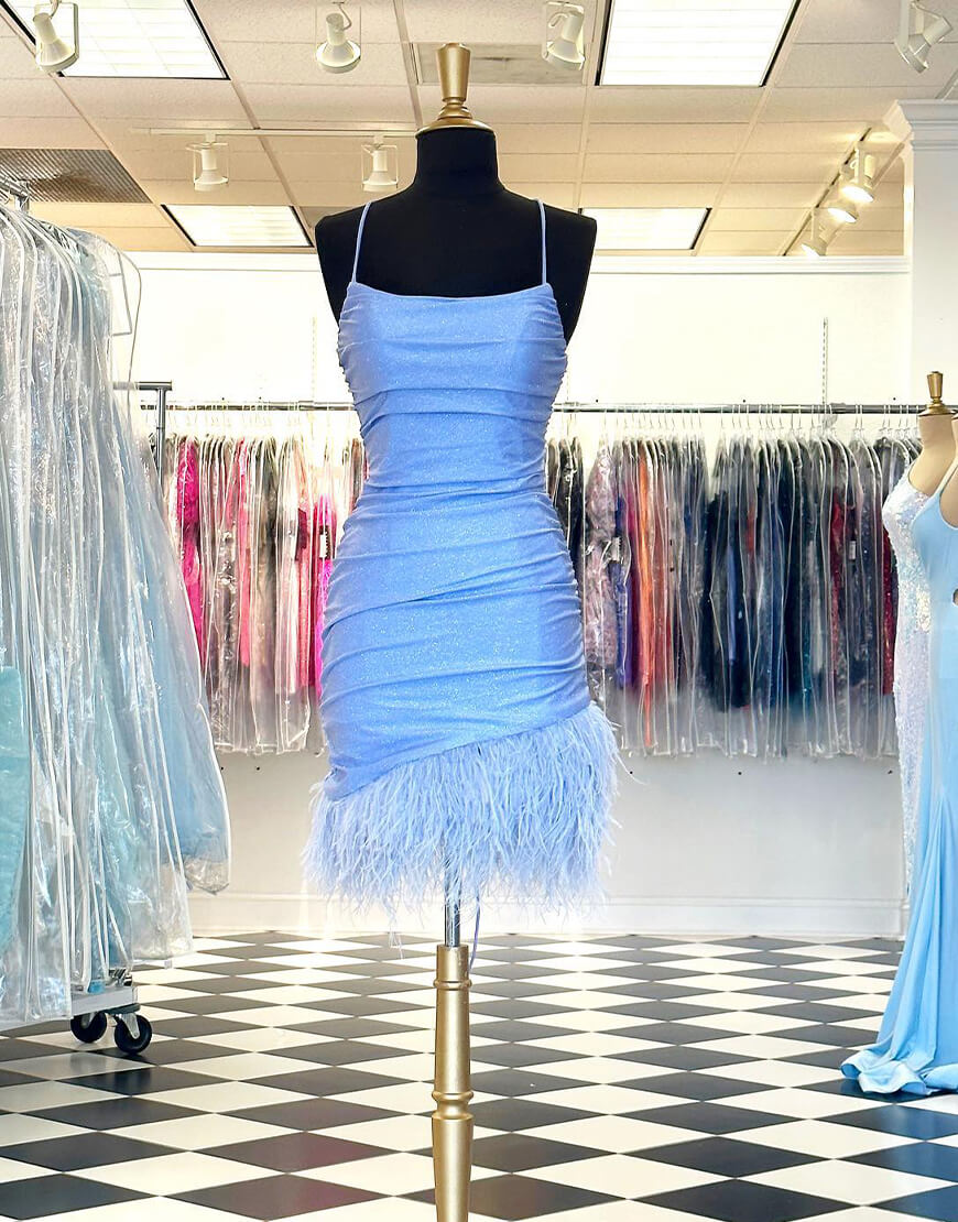 Pretty Homecoming Dress Bodycon Blue with Chic Feather Short Party Cocktail Dress
