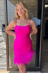Pretty Homecoming Dress Bodycon Blue with Chic Feather Short Party Cocktail Dress