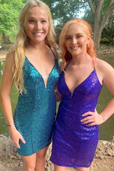 Pretty Homecoming Dress Bodycon Deep V neck Sequin Short Party Cocktail Dress