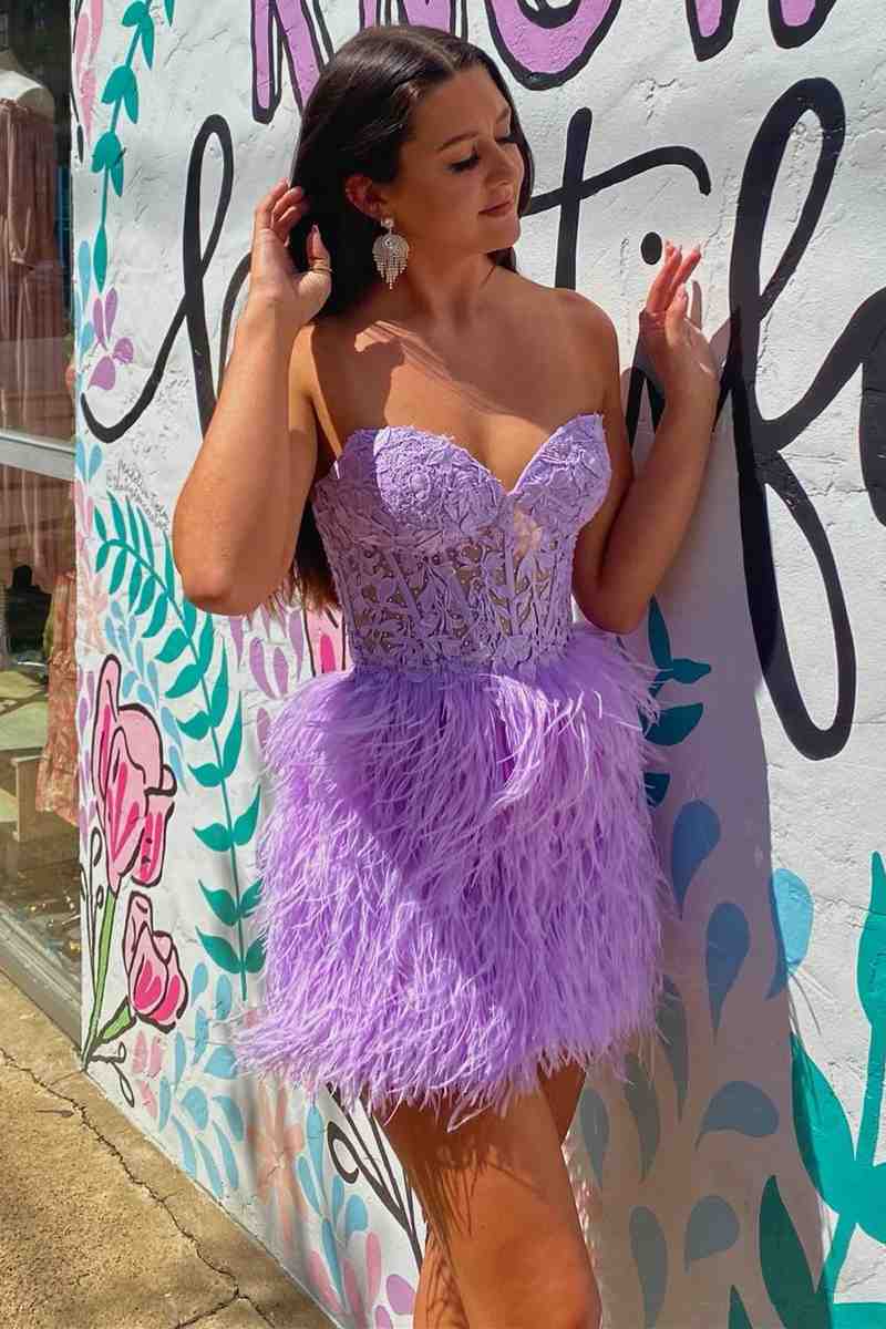 Pretty Homecoming Dress Bodycon Heart shaped Lace Chic Feather Style Cropped Short Party Cocktail Dress
