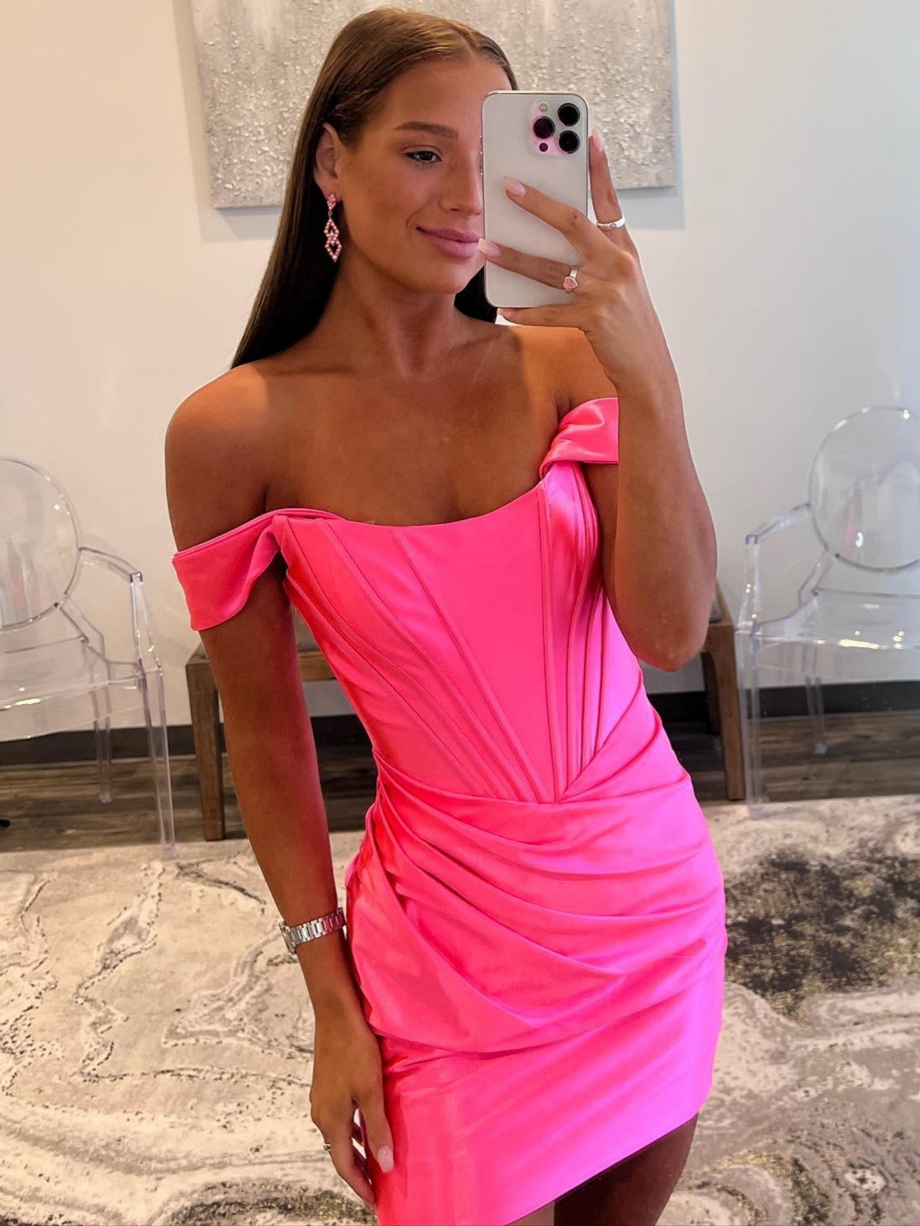 Pretty Homecoming Dress Bodycon Off the Shoulder Satin Short Party Cocktail Dress
