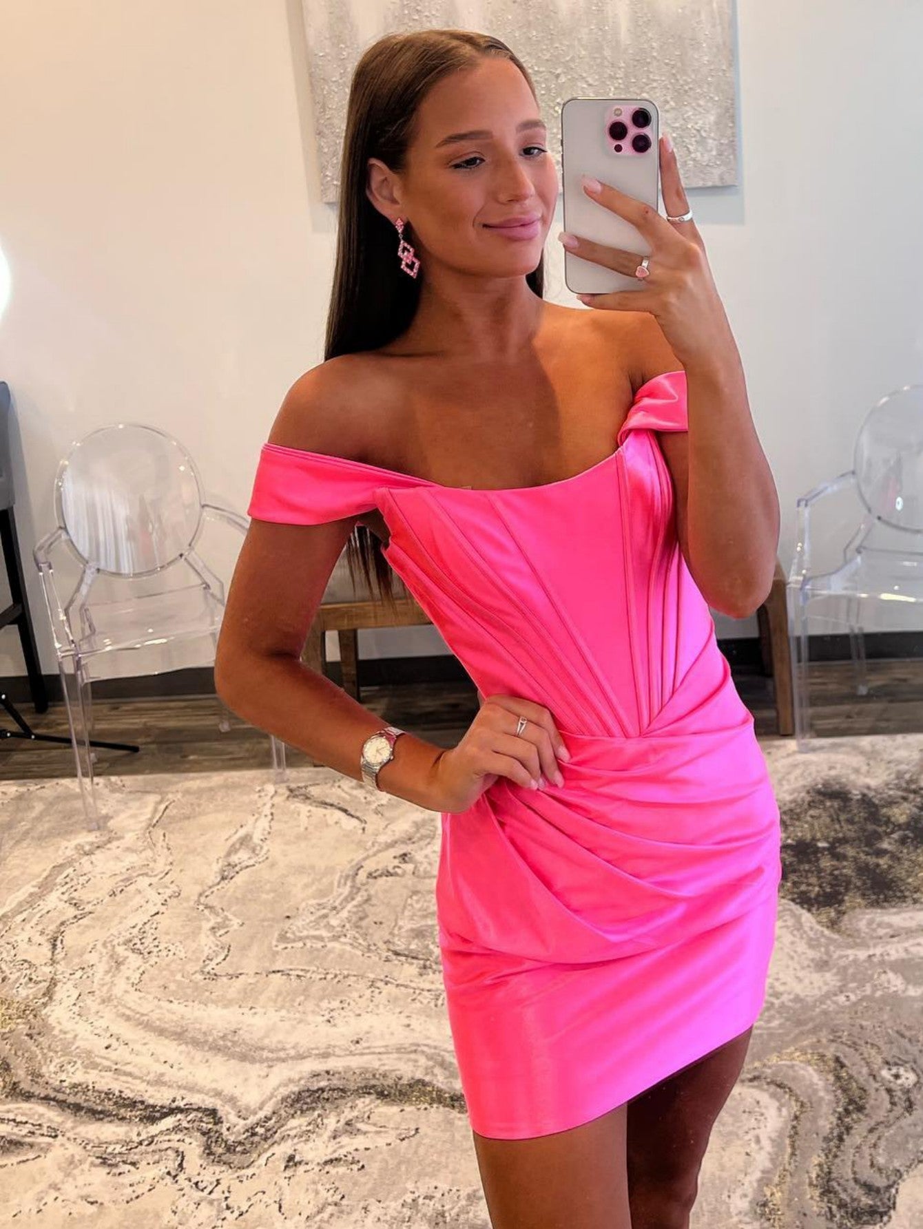 Pretty Homecoming Dress Bodycon Off the Shoulder Satin Short Party Cocktail Dress