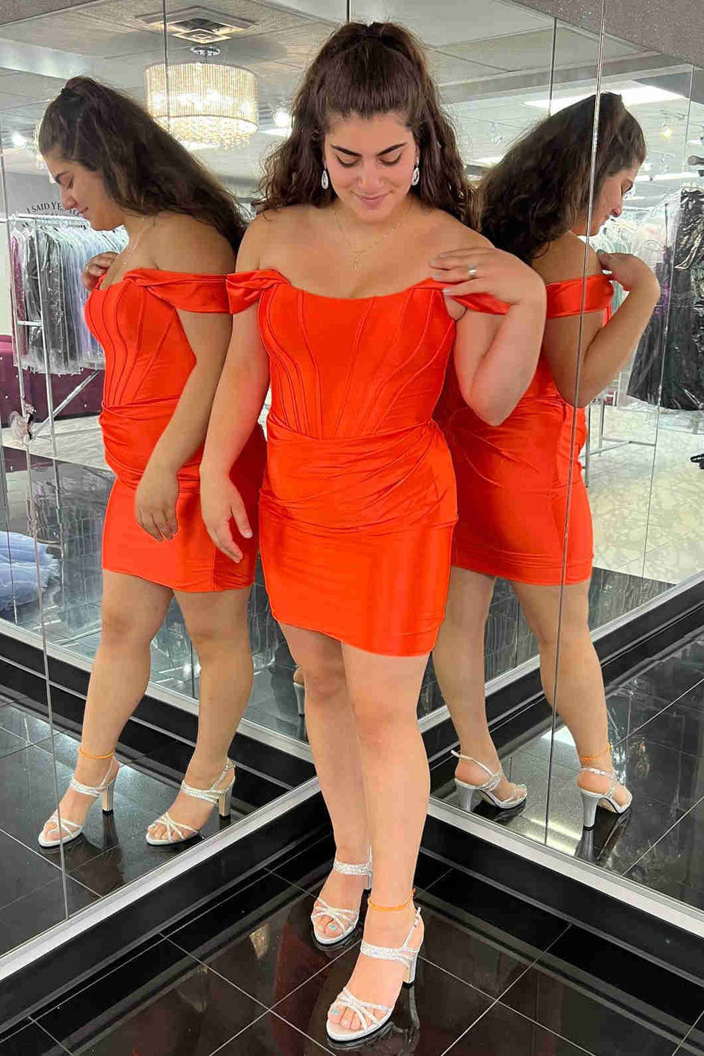 Pretty Homecoming Dress Bodycon Off the Shoulder Satin Short Party Cocktail Dress