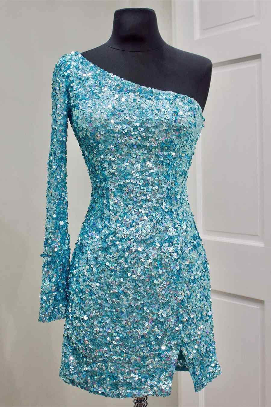 Pretty Homecoming Dress Bodycon One Shoulder Sequin Short Party Cocktail Dress