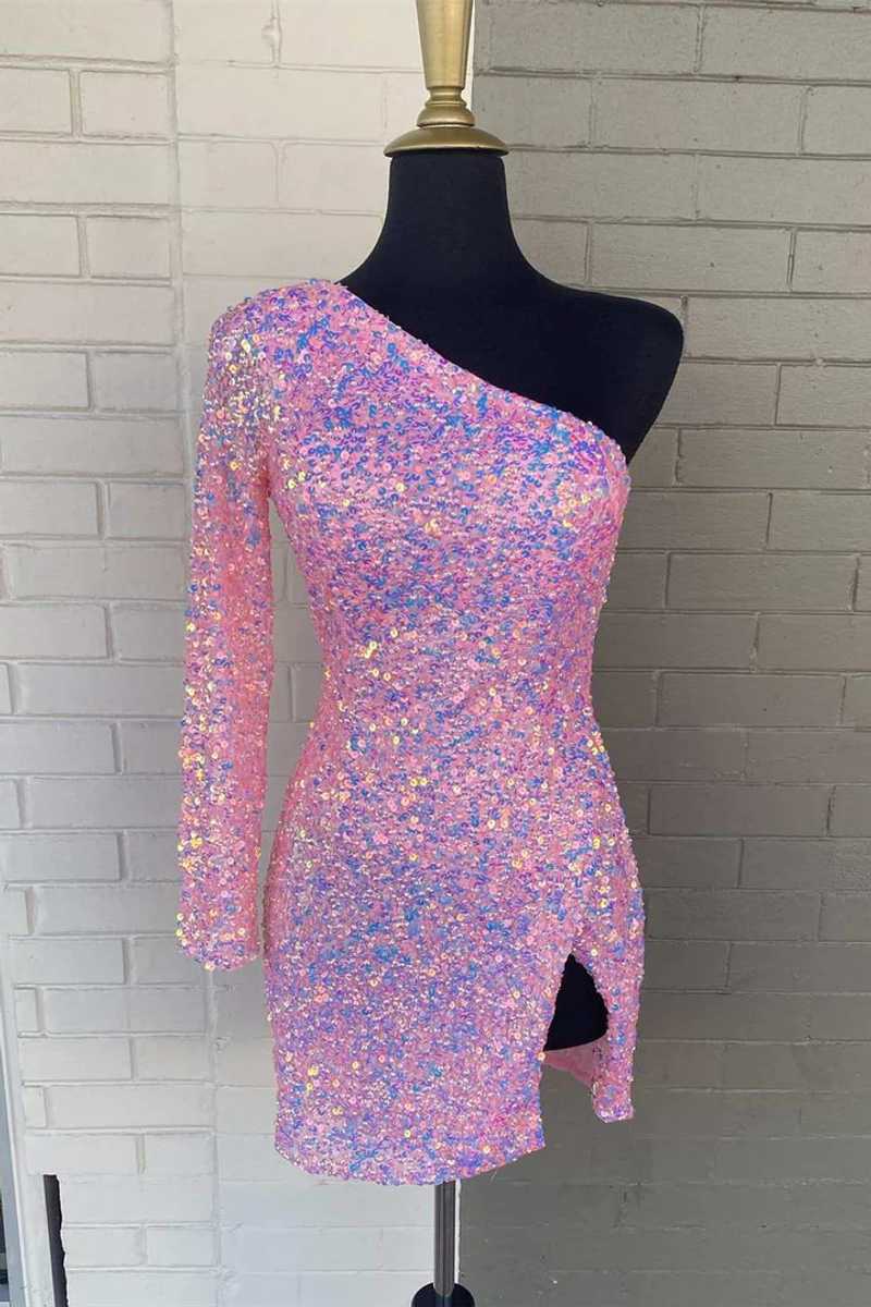 Pretty Homecoming Dress Bodycon One Shoulder Sequin Short Party Cocktail Dress