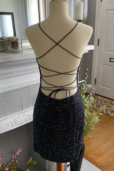 Pretty Homecoming Dress Bodycon Scoop Neck Delicate Beading Satin Short Party Cocktail Dress