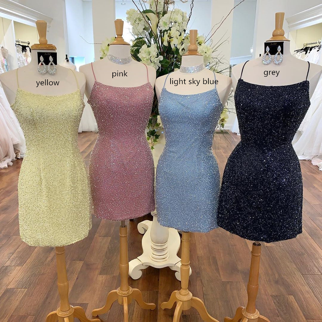 Pretty Homecoming Dress Bodycon Scoop Neck Delicate Beading Satin Short Party Cocktail Dress