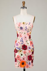 Pretty Homecoming Dress Bodycon Shoulder straps 3D Flower Short Party Cocktail Dress