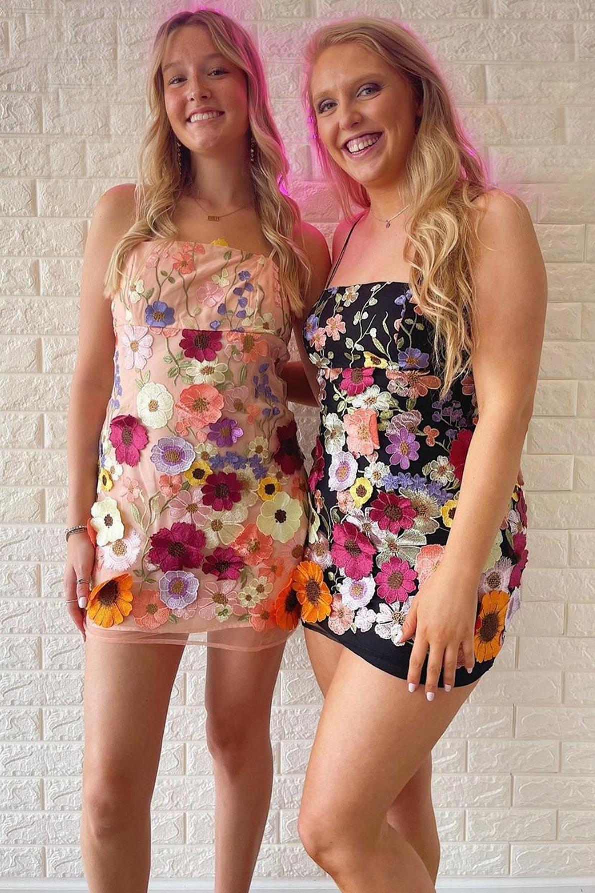 Pretty Homecoming Dress Bodycon Shoulder straps 3D Flower Short Party Cocktail Dress