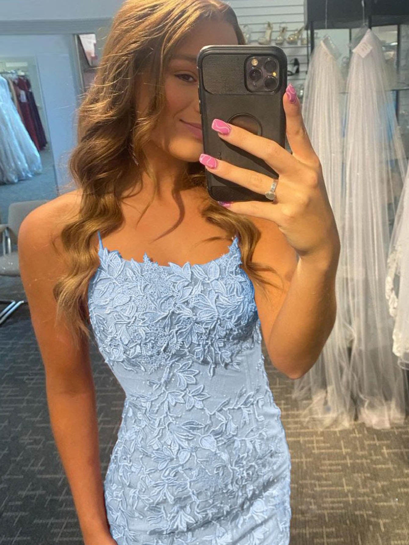 Pretty Homecoming Dress Bodycon Shoulder straps Lace Short Party Cocktail Dress