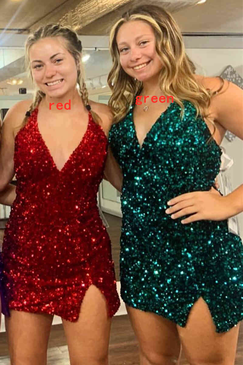 Pretty Homecoming Dress Bodycon V neck Sequin Short Party Cocktail Dress