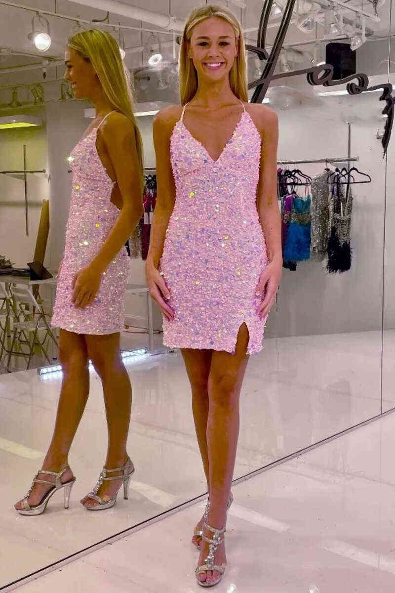 Pretty Homecoming Dress Bodycon V neck Sequin Short Party Cocktail Dress