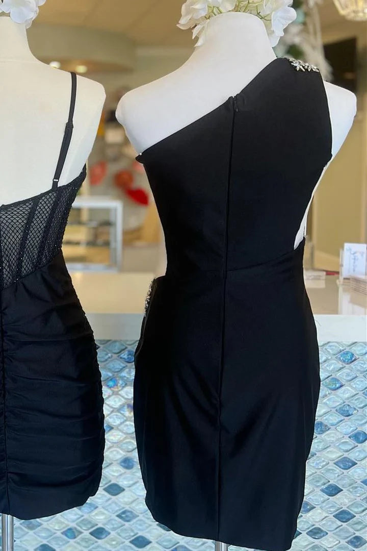 Pretty Homecoming Dress Bodycon one shoulder Style Pleated Satin Short Party Cocktail Dress