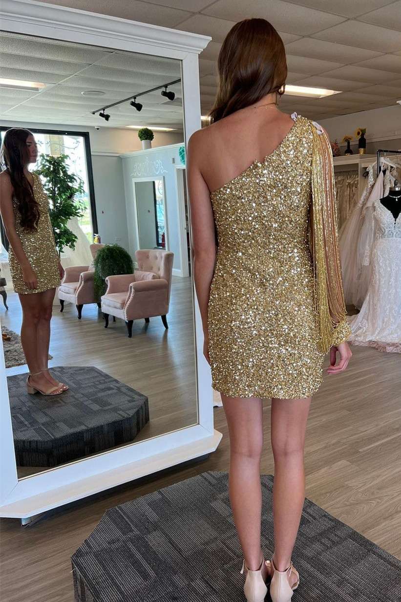 Pretty Homecoming Dress Bodycon one shoulder Style Sequin Short Party Cocktail Dress