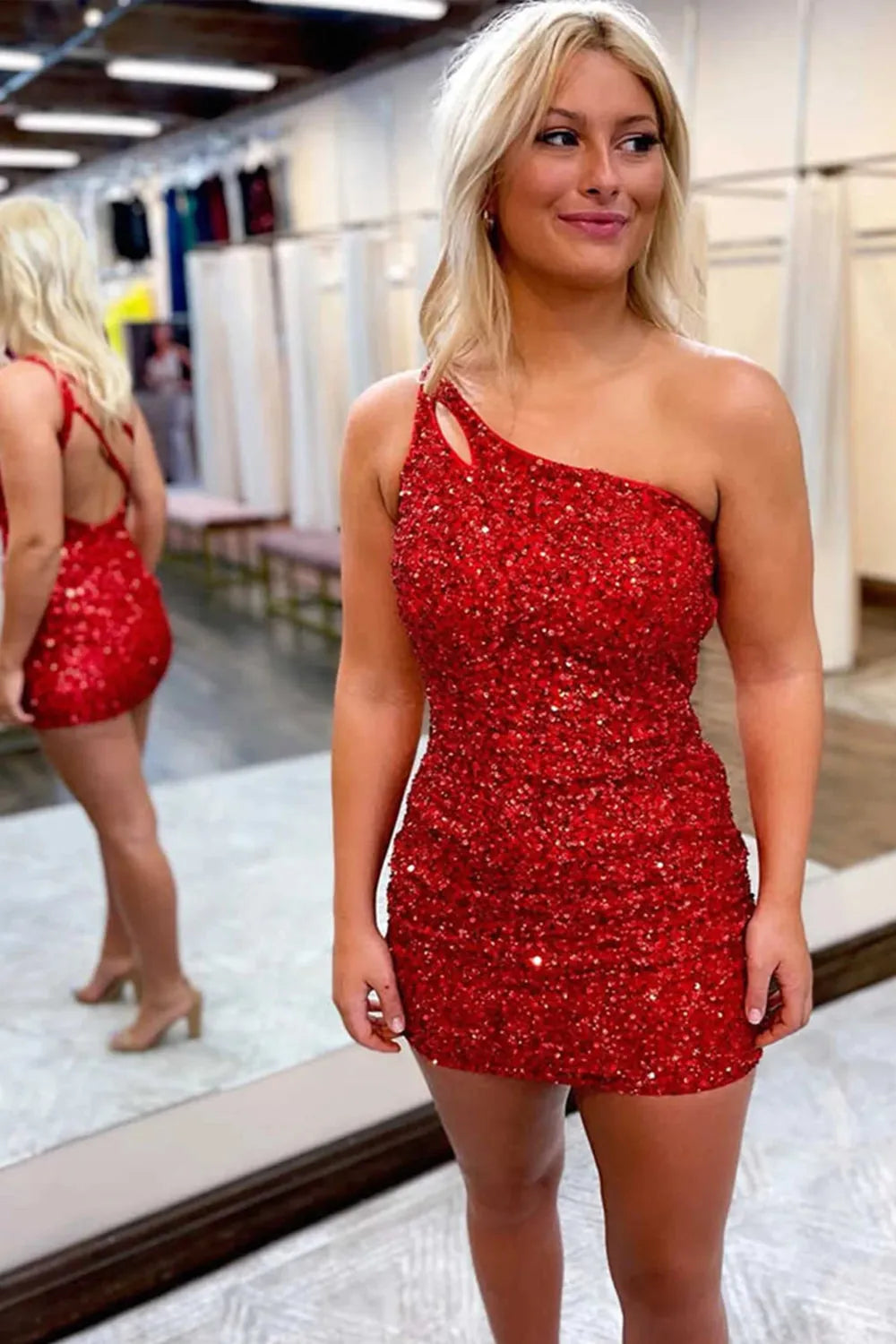 Pretty Homecoming Dress Bodycon one shoulder Style Sequin Short Party Cocktail Dress