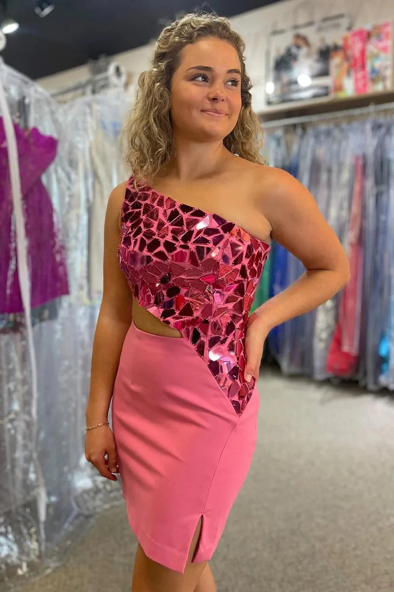 Pretty Homecoming Dress Bodycon one shoulder Style with Slit Short Party Cocktail Dress