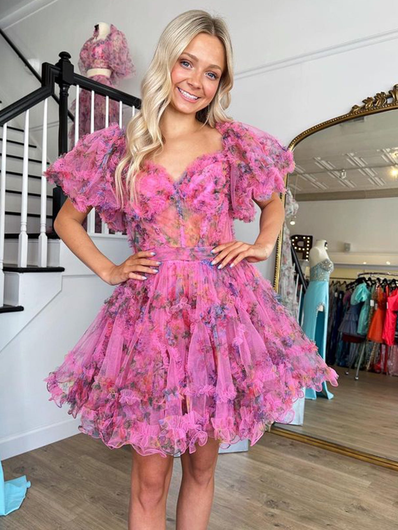 Pretty Homecoming Dress Girly pink A Line Off the Shoulder Floral Printed Short Party Cocktail Dress