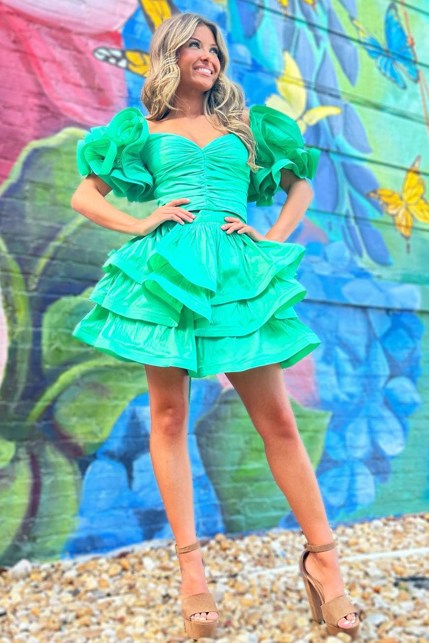 Pretty Homecoming Dress Green Ruffle Sleeves Layered A Line Short Party Cocktail Dress