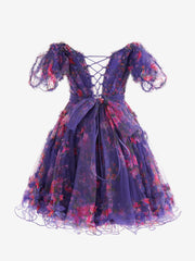 Pretty Homecoming Dress Purple A Line Off the Shoulder Floral Printed Short Party Cocktail Dress