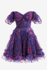 Pretty Homecoming Dress Purple A Line Off the Shoulder Floral Printed Short Party Cocktail Dress