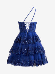 Pretty Homecoming Dress Royal Blue A Line one shoulder Style Navy Tiered Lace Short Party Cocktail Dress