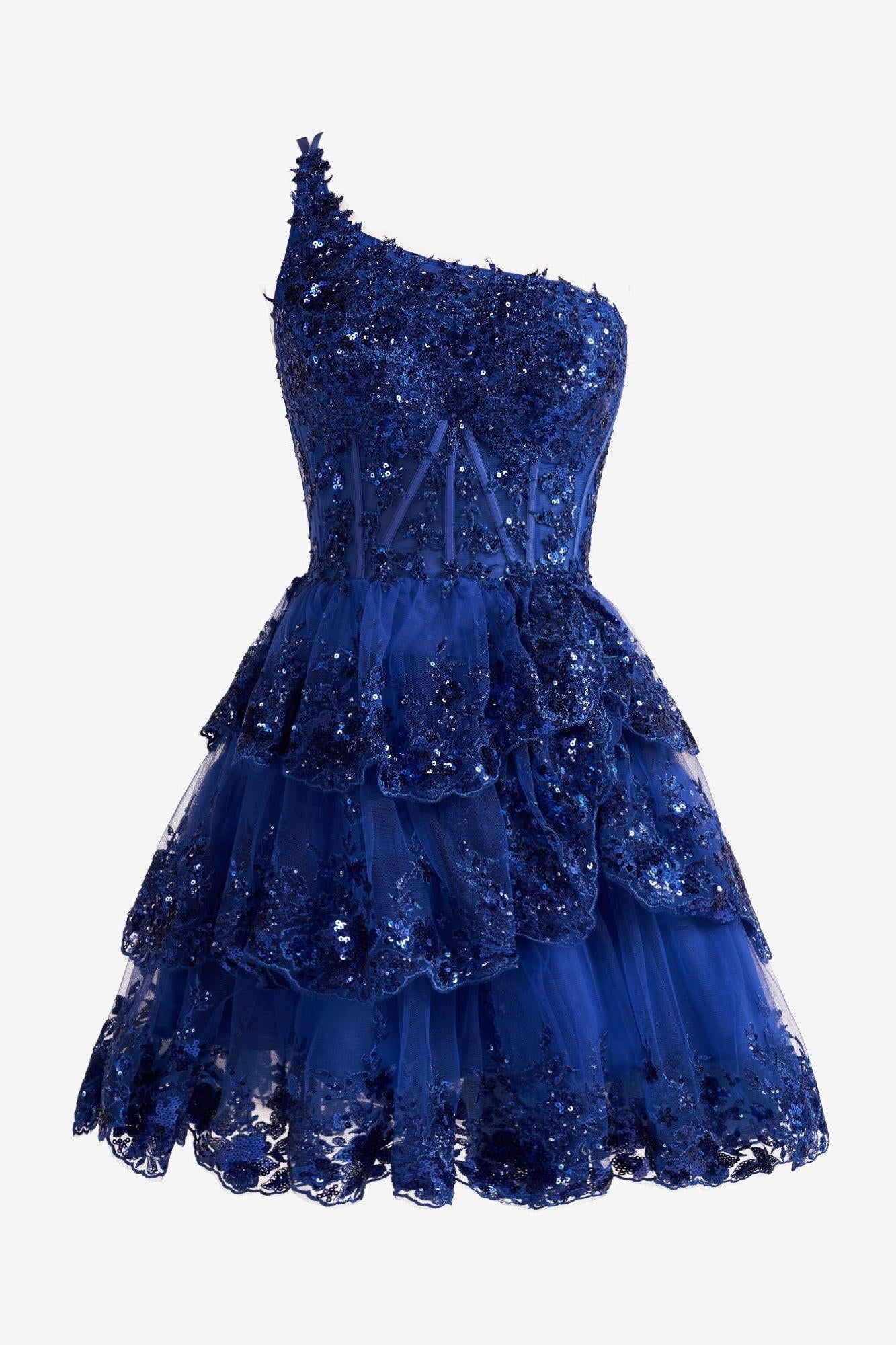 Pretty Homecoming Dress Royal Blue A Line one shoulder Style Navy Tiered Lace Short Party Cocktail Dress