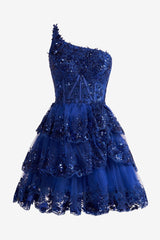 Pretty Homecoming Dress Royal Blue A Line one shoulder Style Navy Tiered Lace Short Party Cocktail Dress