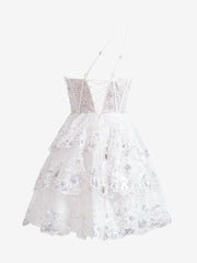 Pretty Homecoming Dress White A Line one shoulder Style Navy Tiered Lace Short Party Cocktail Dress