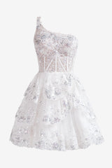 Pretty Homecoming Dress White A Line one shoulder Style Navy Tiered Lace Short Party Cocktail Dress