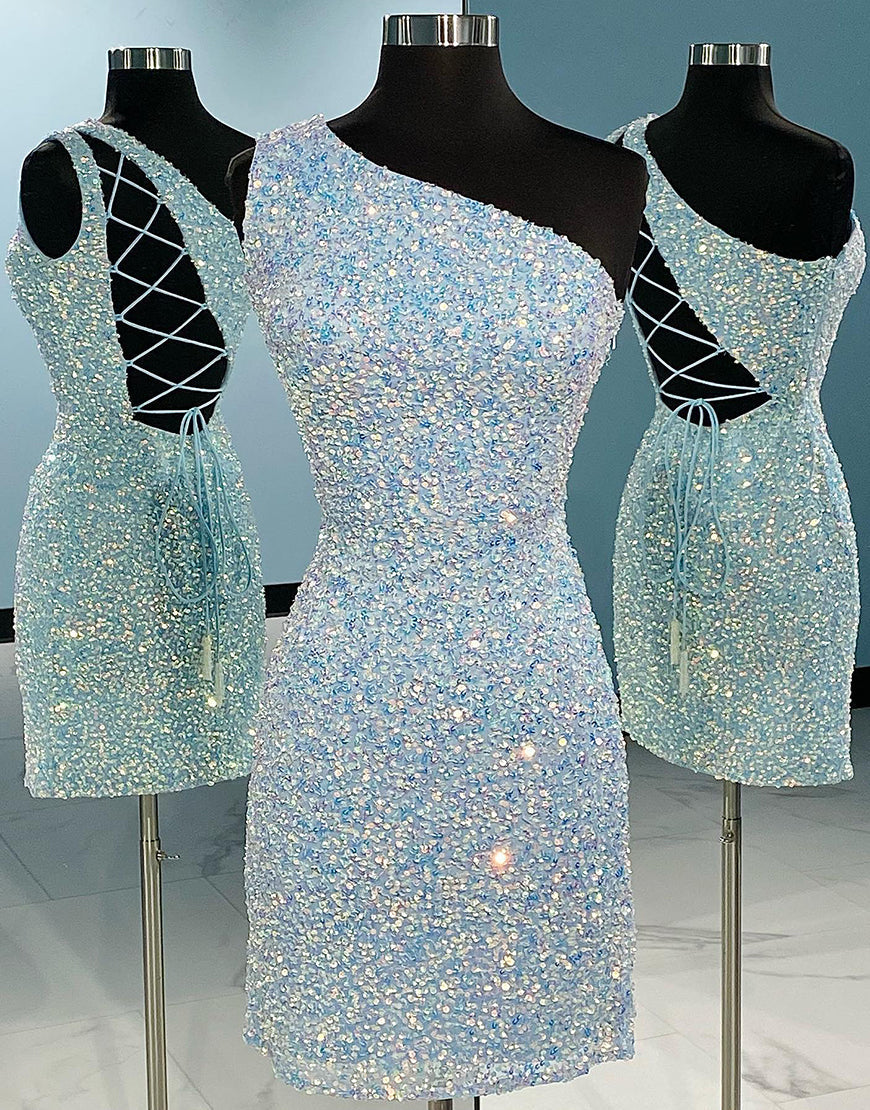 Pretty Homecoming Dress one shoulder Style Bodycon Fitting Sky Blue Short Party Cocktail Dress