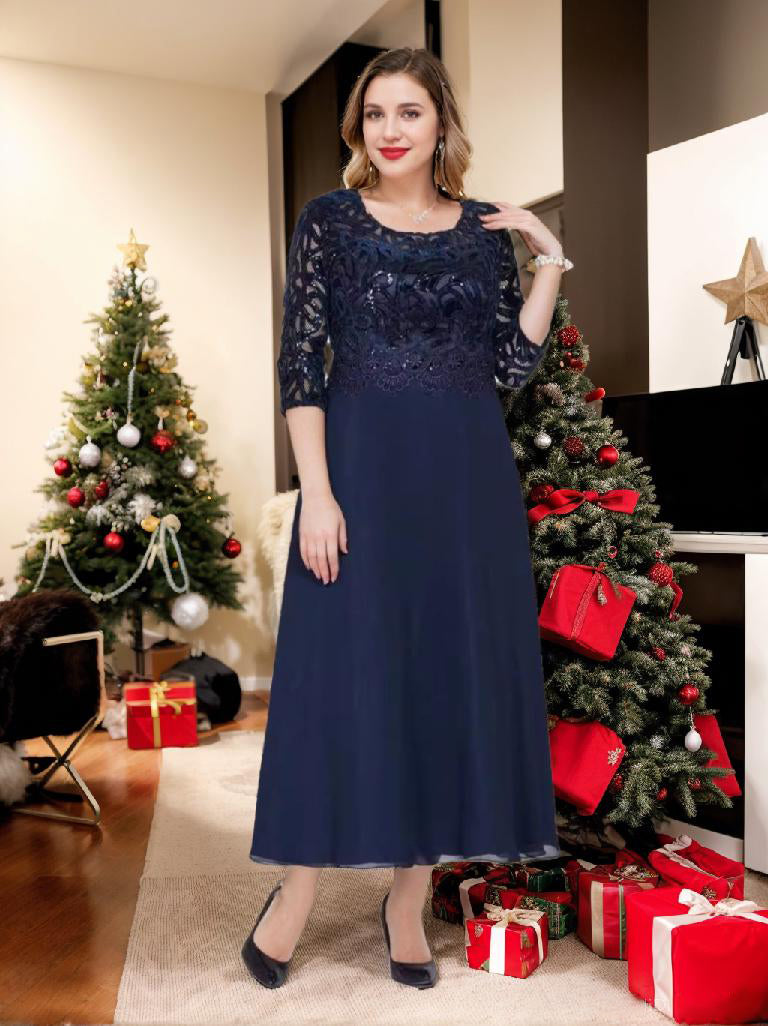 Princess A-Line Ankle-Length Plus Size Mother of the Bride Dress with Scoop 3/4 Sleeves and Appliques