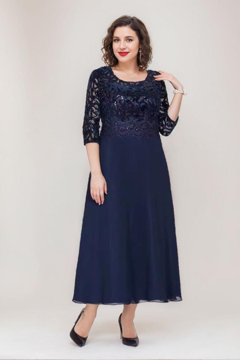 Princess A-Line Ankle-Length Plus Size Mother of the Bride Dress with Scoop 3/4 Sleeves and Appliques