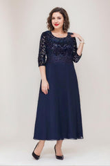 Princess A-Line Ankle-Length Plus Size Mother of the Bride Dress with Scoop 3/4 Sleeves and Appliques