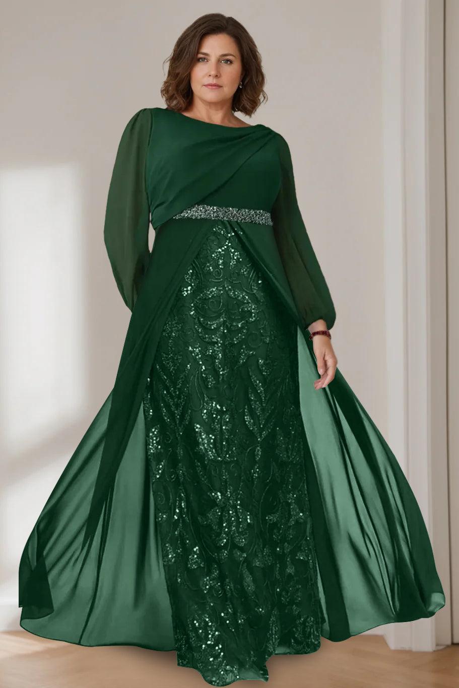 Princess A-Line Floor-Length Plus Size Mother of the Bride Gown with Scoop Neck and Long Sequined Sleeves